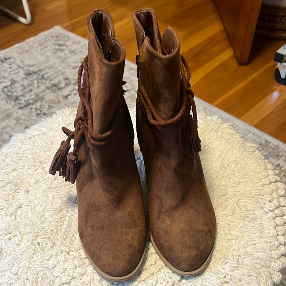 Brown Suede Ankle Booties with Fringe Detail